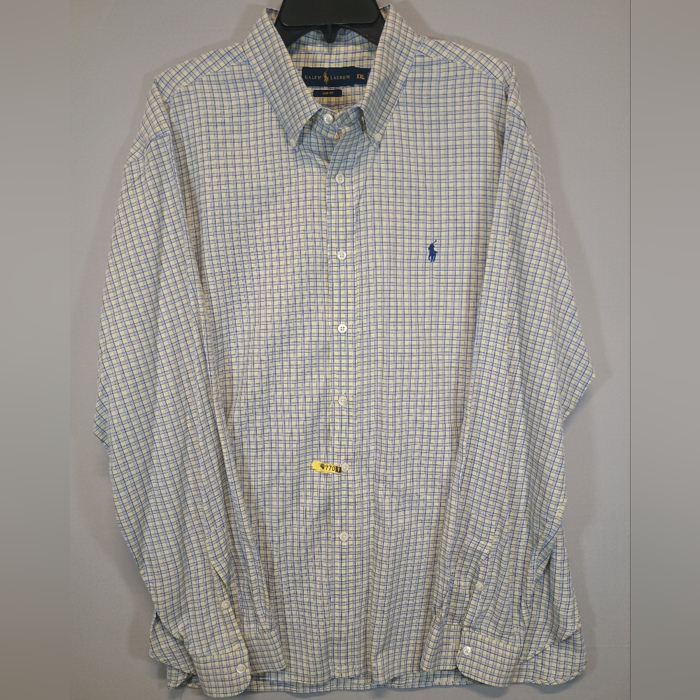Ralph Lauren Men’s XXL Yellow Blue Plaid Long Sleeve Button-Down Shirt Slim Fit
